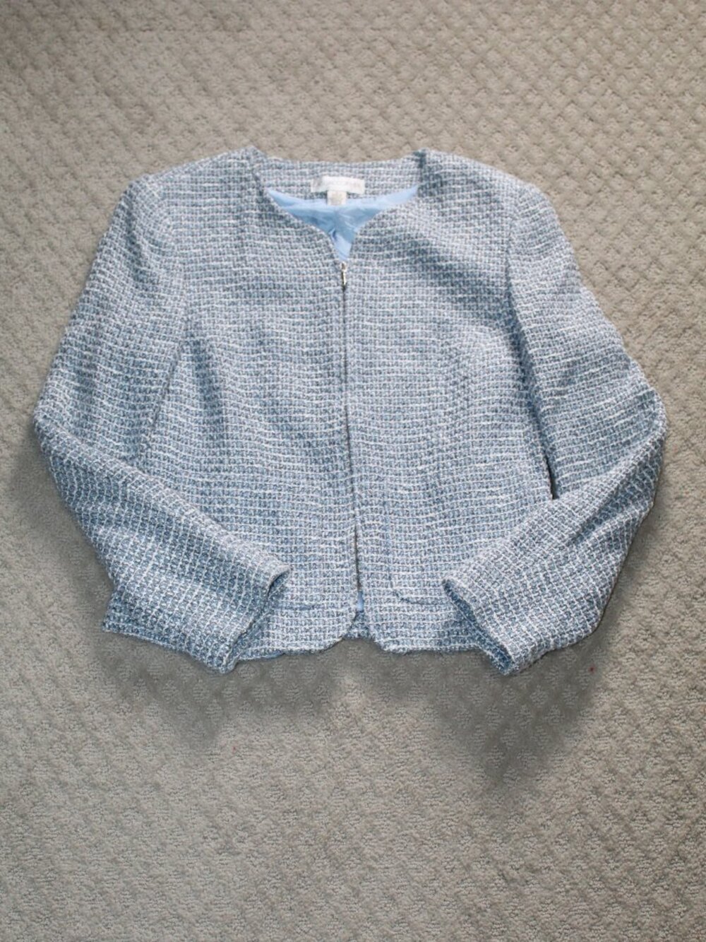 Casual Corner Size 8 Light Blue Tweed Zip Front Blazer